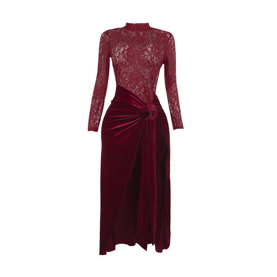 Damen Elegantes Maxi-Kleid mit Spitze und raffiniertem Taillengürtel EB