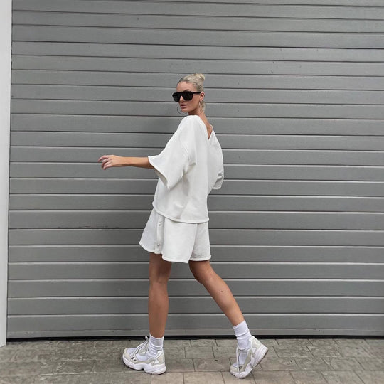 Damen lässiges Lounge-Set mit oversized Oberteil und Shorts EB