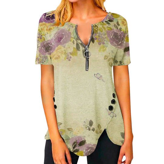 Damen T-Shirt mit halbgeschlossenem Reißverschluss und floralem Muster EB