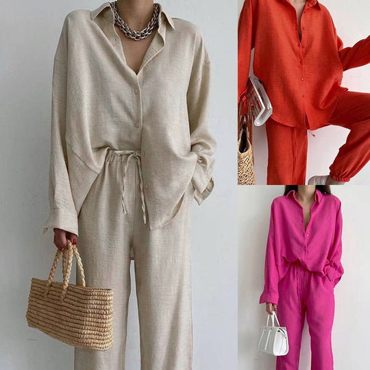 Damen lässiges Leinen Ensemble mit elegantem Hemd und weiter Hose EB