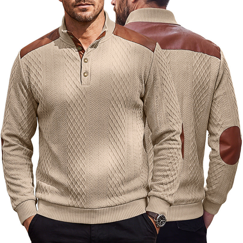 Herren Pullover mit Stehkragen, Zopfmuster und kontrastierenden Lederbesätzen EB