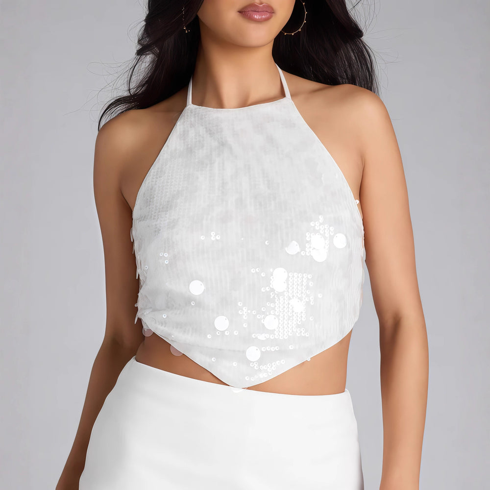 Damen Funkelndes Halterneck Top mit Pailletten und Schößchen EB