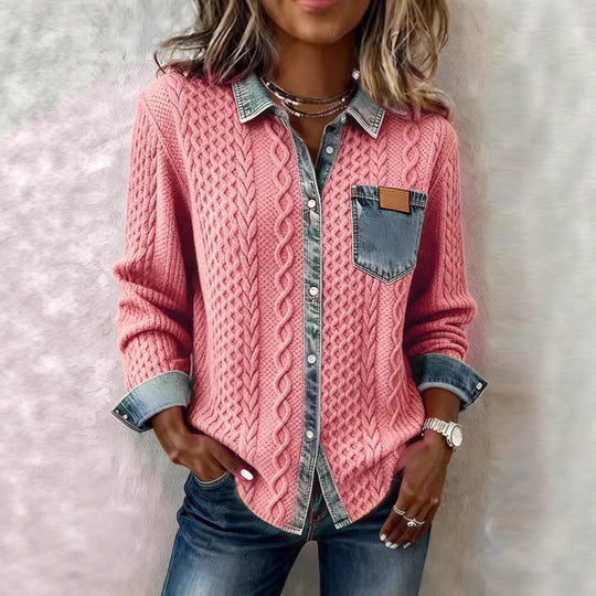 Damen nan geflochtener Strickpullover mit integriertem Jeanskragen und Brusttasche EB