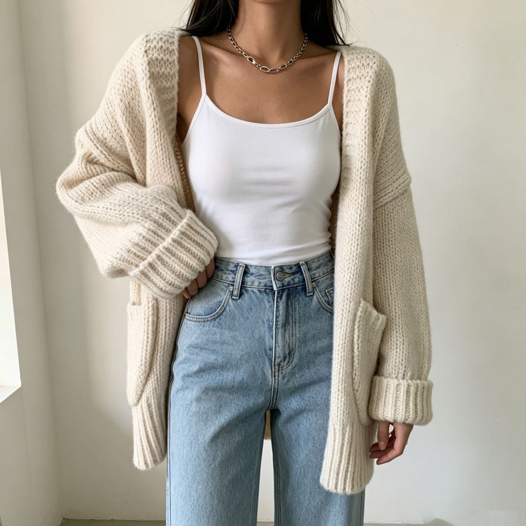 Damen Langer Offener Grobstrick-Cardigan mit aufgesetzten Taschen und gerippten Bündchen EB