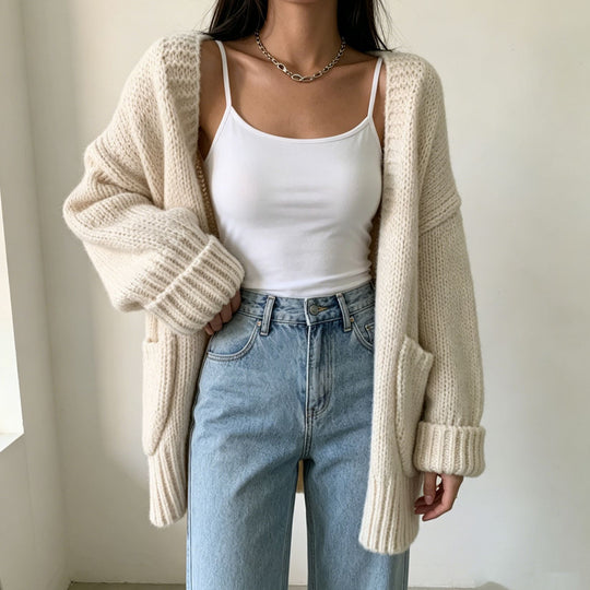 Damen Langer Offener Grobstrick-Cardigan mit aufgesetzten Taschen und gerippten Bündchen EB
