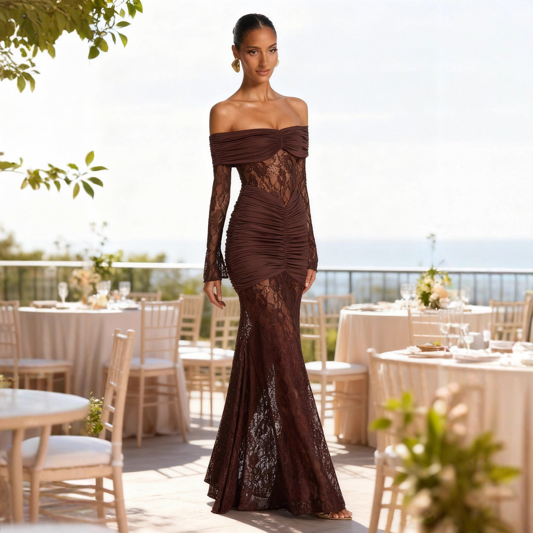 Damen Elegantes Spitzen Abendkleid mit schulterfreier Silhouette und raffinierten Rüschendetails EB