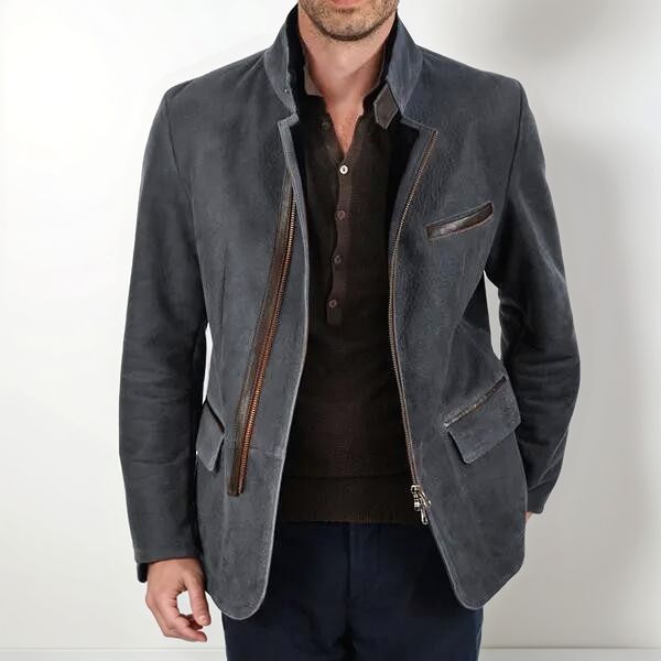 Herren nan elegante Wildlederjacke mit Stehkragen und verdecktem Reißverschluss EB