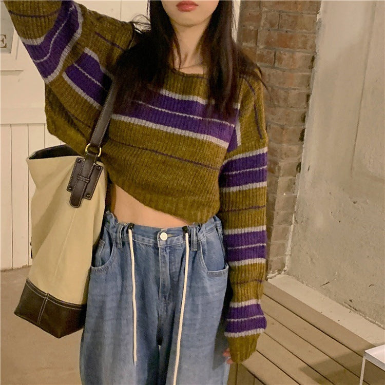 Damen kurz geschnittener Strickpullover mit horizontalem Streifenmuster EB