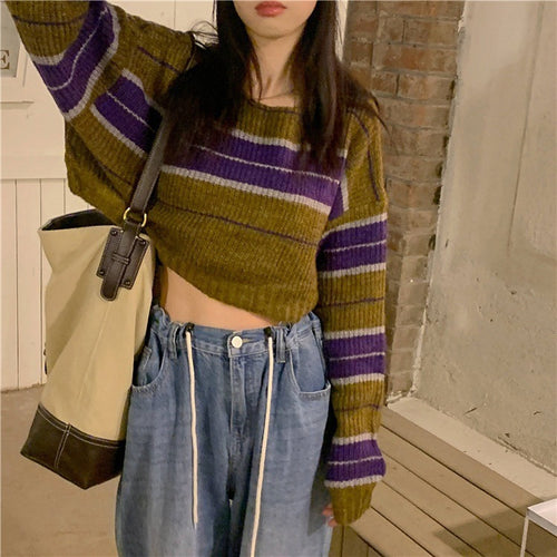 Damen kurz geschnittener Strickpullover mit horizontalem Streifenmuster EB