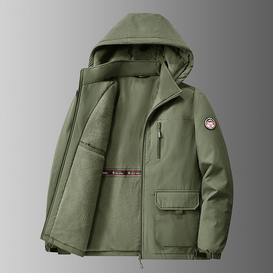 Herren nan gefütterte Softshell-Winterjacke mit Teddyfutter, verstellbarer Kapuze und multifunktionalen Taschen EB