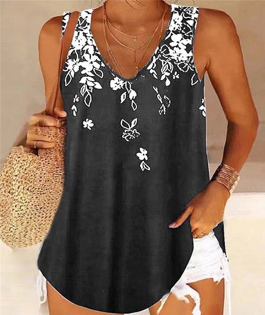 Damen ärmelloses Blusenshirt mit floralem Muster und V-Ausschnitt EB