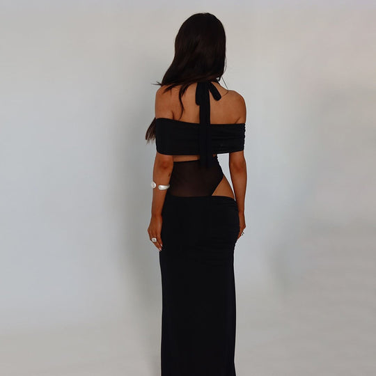 Damen schulterfreies, elegantes Maxikleid mit transparenten Einsätzen und Rüschendetails EB