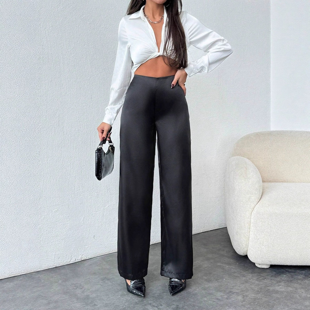Damen elegante, weite Satin-Hose mit hohem Bund und fließendem Schnitt EB