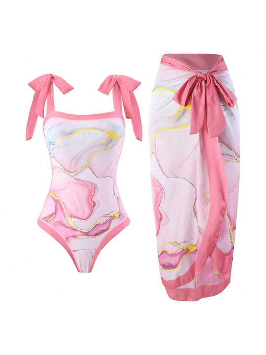 Damen Eleganter Badesuit mit floralen Akzenten und modischem Wickelrock EB