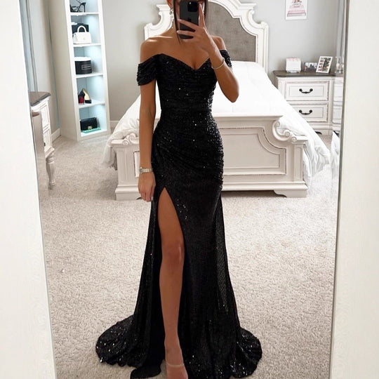 Damen Glamouröses Abendkleid mit schulterfreiem Schnitt und schimmerndem Stoff EB