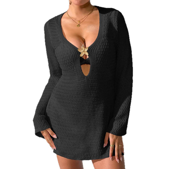 Damen gehäkeltes Strandkleid mit elegantem V-Ausschnitt und langen Ärmeln EB