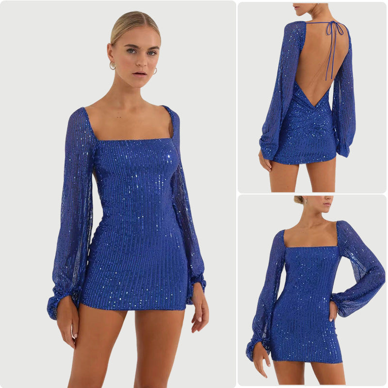 Damen Glamouröses Paillettenkleid mit transparenten Ärmeln und figurbetontem Schnitt EB