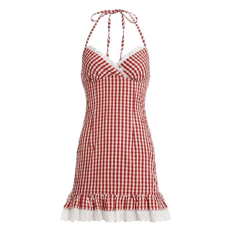 Damen Spaghetti-Trägerkleid mit verspieltem Vichy-Muster und Rüschensaum EB