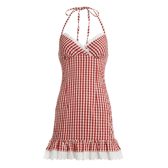 Damen Spaghetti-Trägerkleid mit verspieltem Vichy-Muster und Rüschensaum EB
