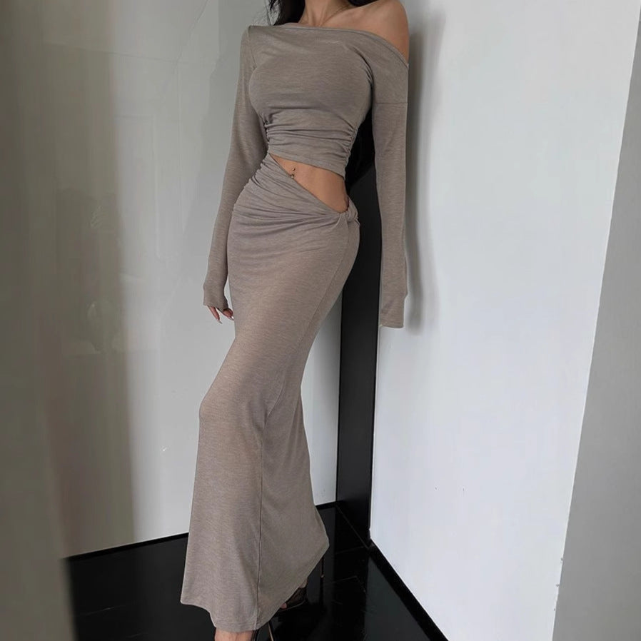 Damen Langarm Maxikleid mit asymmetrischem Design und Rüschendetails EB