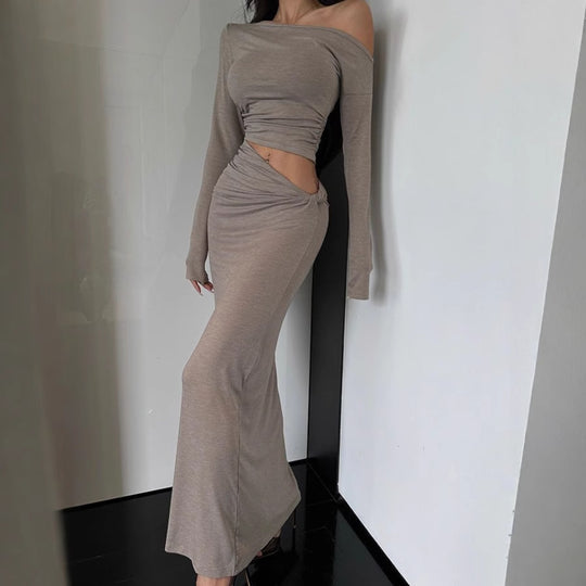 Damen Langarm Maxikleid mit asymmetrischem Design und Rüschendetails EB
