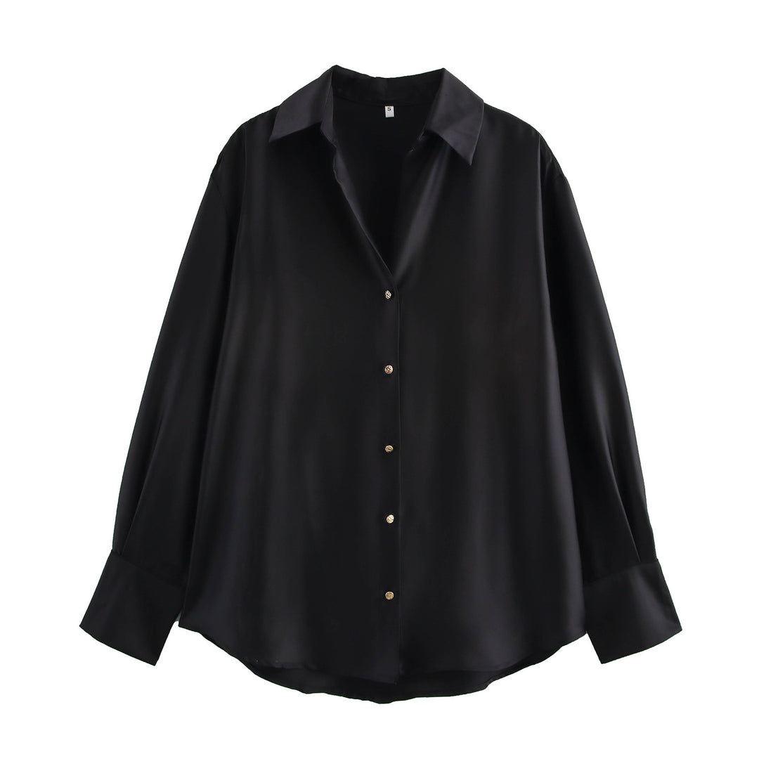 Damen nan oversized Satinbluse mit Hemdkragen, verlängerten Manschetten und abgerundetem Saum EB