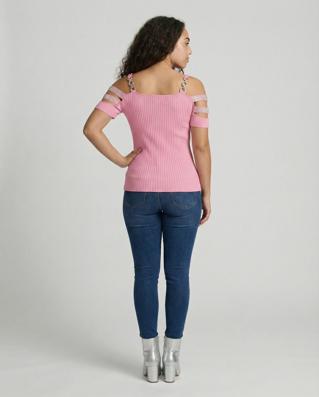 Damen Elegantes Oberteil mit tiefem V-Ausschnitt und dekorativen Riemen EB