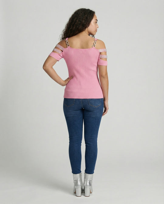 Damen Elegantes Oberteil mit tiefem V-Ausschnitt und dekorativen Riemen EB