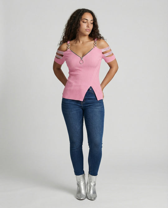 Damen Elegantes Oberteil mit tiefem V-Ausschnitt und dekorativen Riemen EB