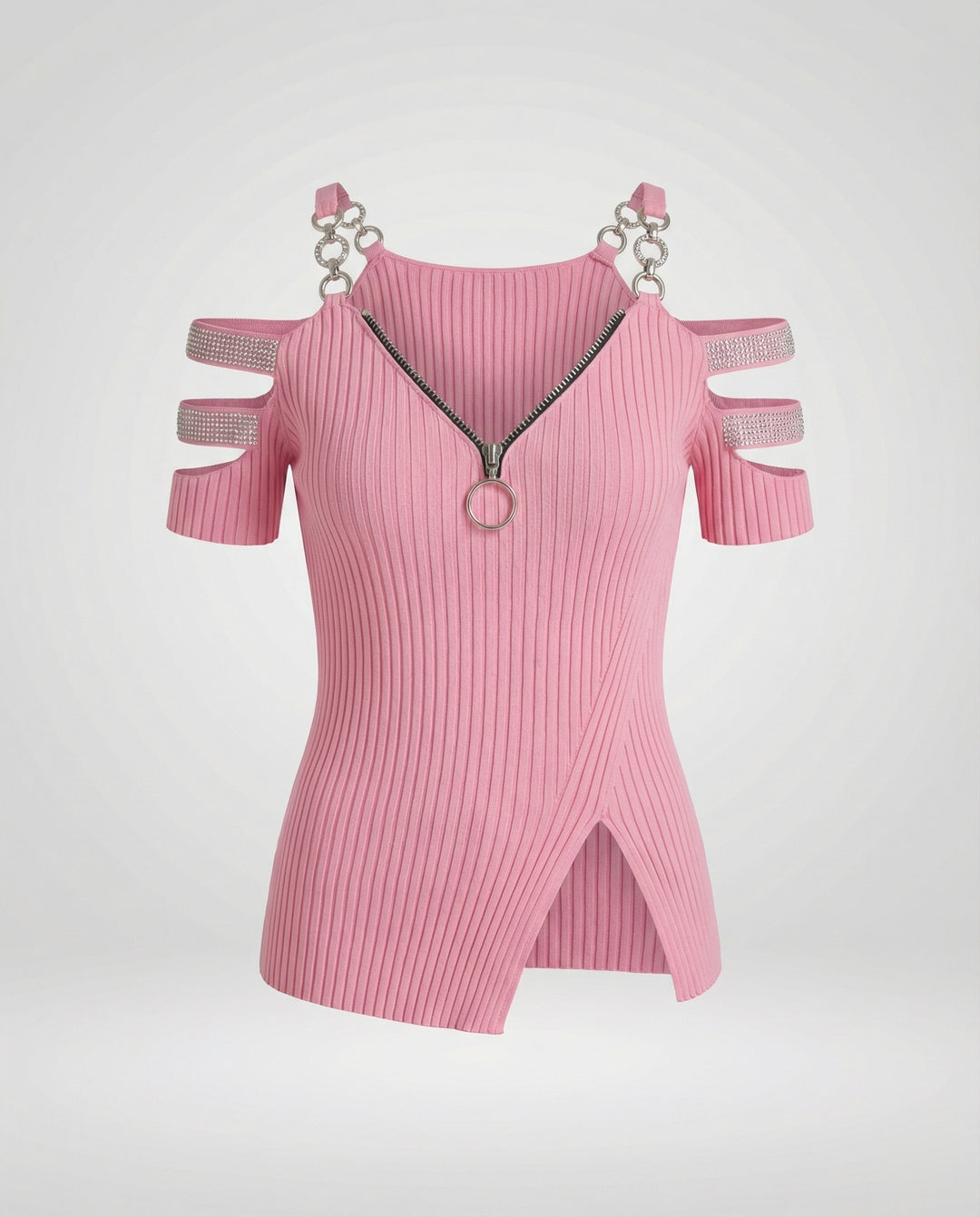 Damen Elegantes Oberteil mit tiefem V-Ausschnitt und dekorativen Riemen EB