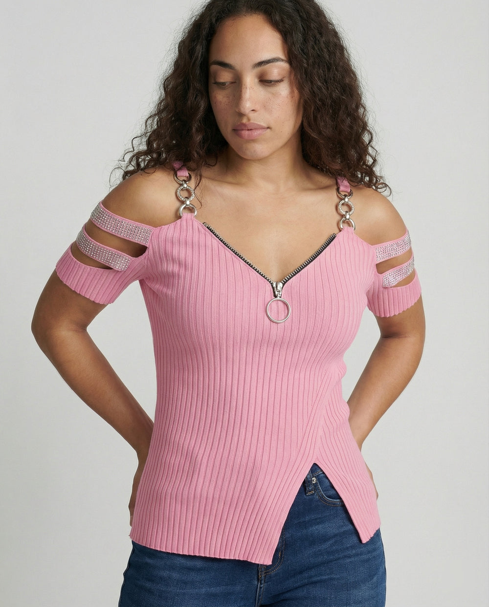 Damen Elegantes Oberteil mit tiefem V-Ausschnitt und dekorativen Riemen EB