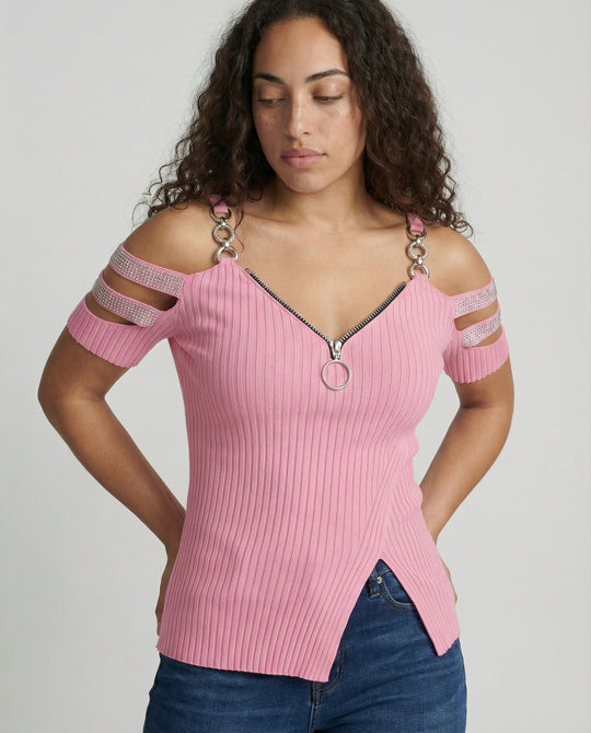 Damen Elegantes Oberteil mit tiefem V-Ausschnitt und dekorativen Riemen EB