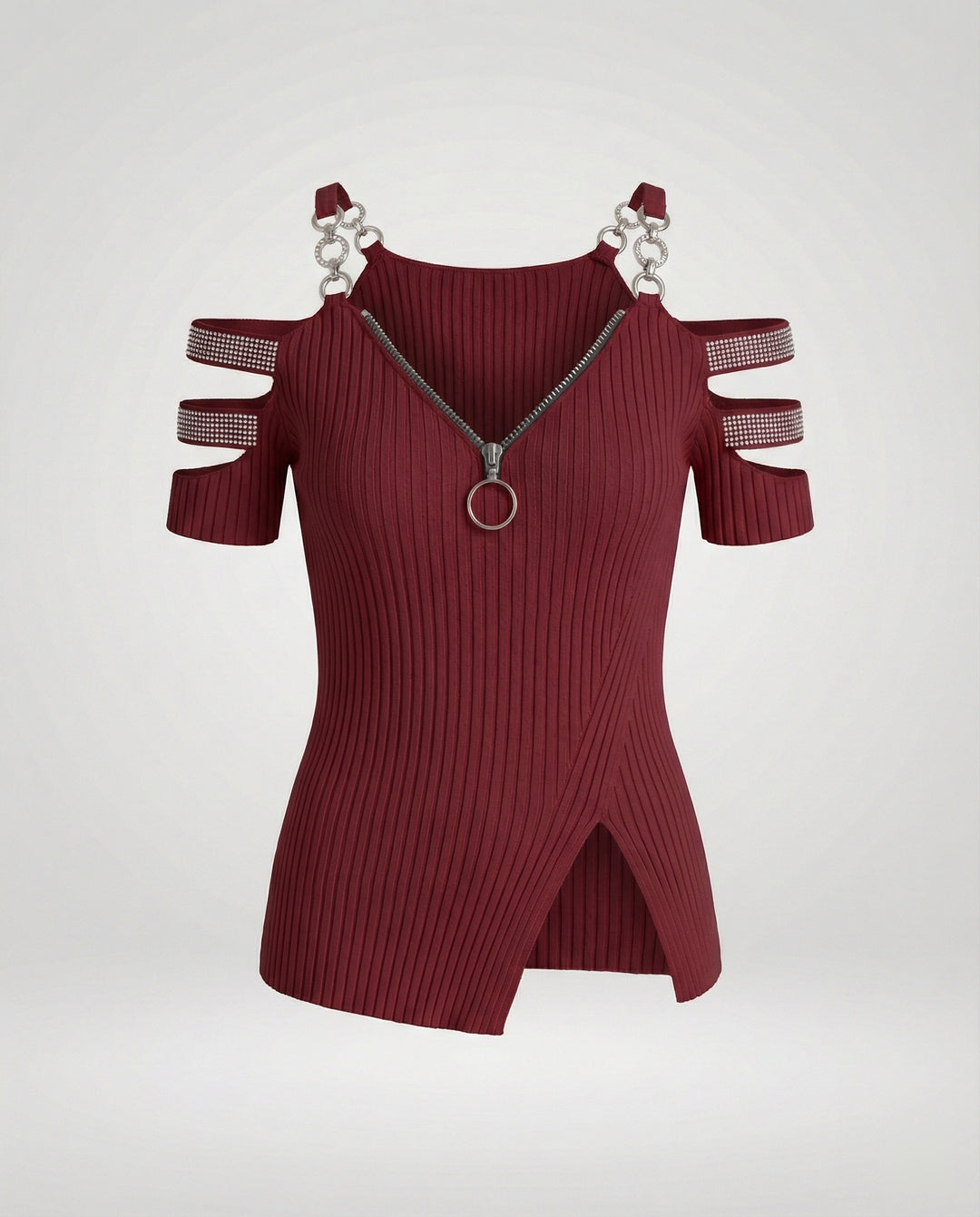 Damen Elegantes Oberteil mit tiefem V-Ausschnitt und dekorativen Riemen EB
