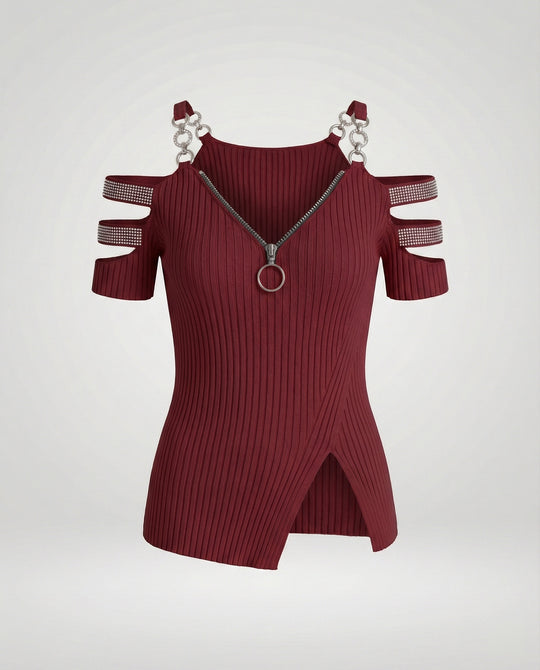 Damen Elegantes Oberteil mit tiefem V-Ausschnitt und dekorativen Riemen EB