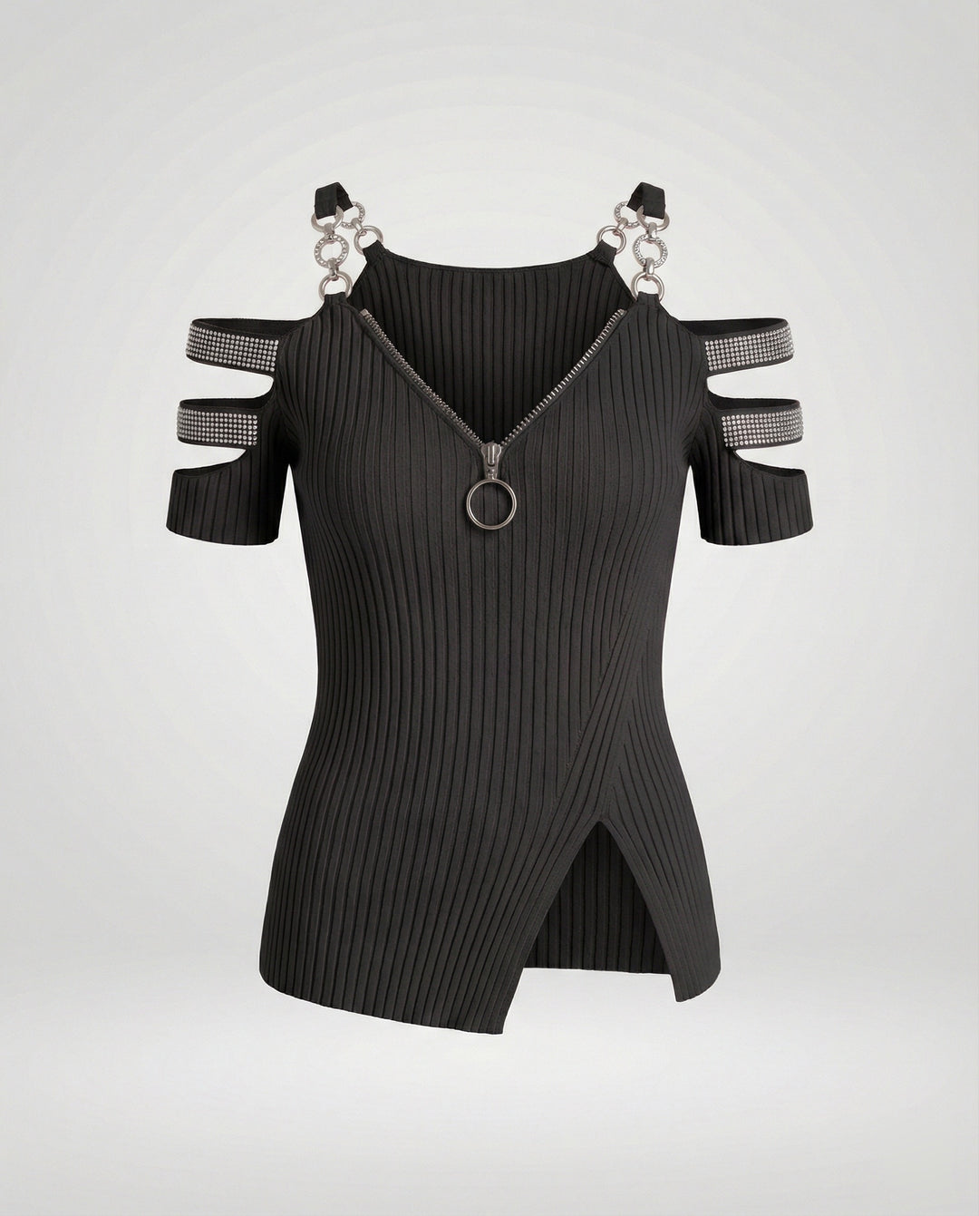 Damen Elegantes Oberteil mit tiefem V-Ausschnitt und dekorativen Riemen EB
