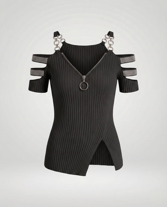 Damen Elegantes Oberteil mit tiefem V-Ausschnitt und dekorativen Riemen EB