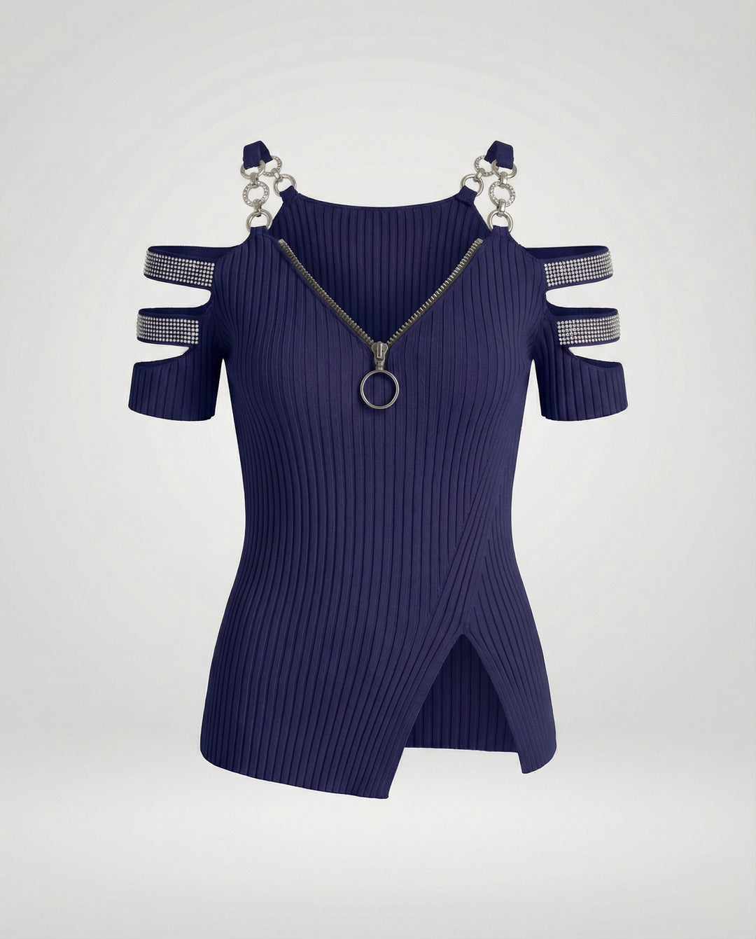Damen Elegantes Oberteil mit tiefem V-Ausschnitt und dekorativen Riemen EB
