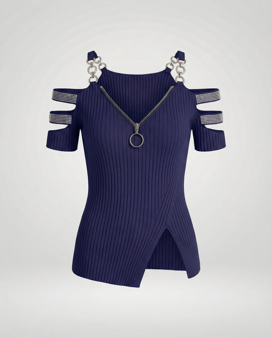 Damen Elegantes Oberteil mit tiefem V-Ausschnitt und dekorativen Riemen EB