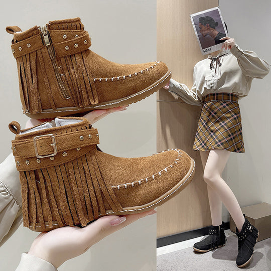 Damen modische Stiefeletten mit Fransen und Nieten EB