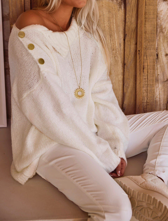 Damen Grobstrickpullover mit hohem Kragen und modischen Knopfdetails EB