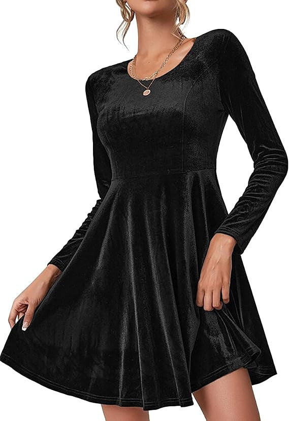 Damen Elegantes Samtkleid mit geschwungenem Saum und langen Ärmeln EB