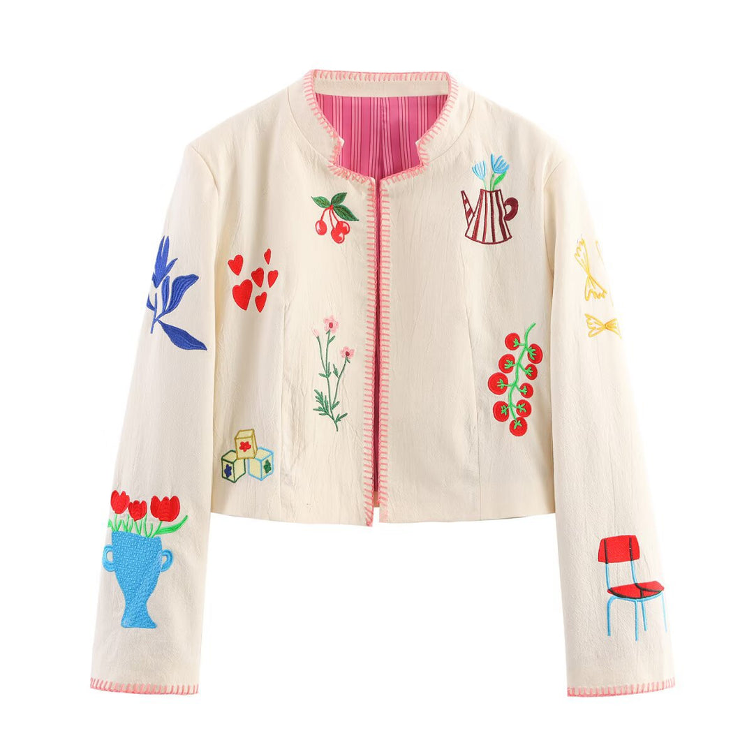 Damen bestickte Kunstlederjacke mit floralem Design EB