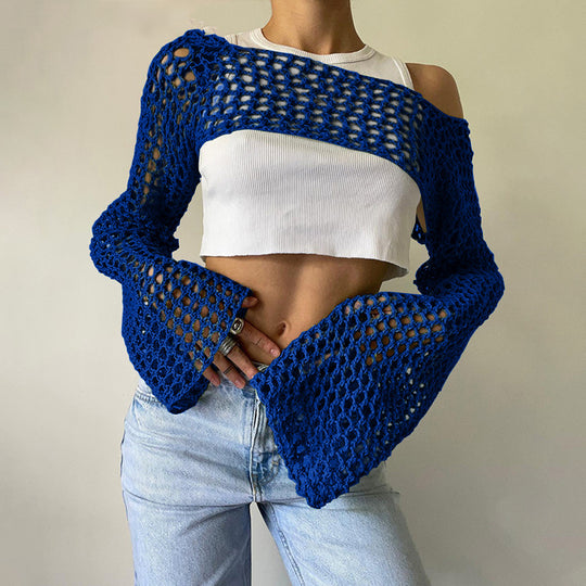 Damen gehäkeltes Langarm-Top mit Off-Shoulder-Design EB