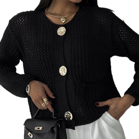 Damen luftiger Strickjacke mit dekorativem Netzdesign und praktischen Taschen EB