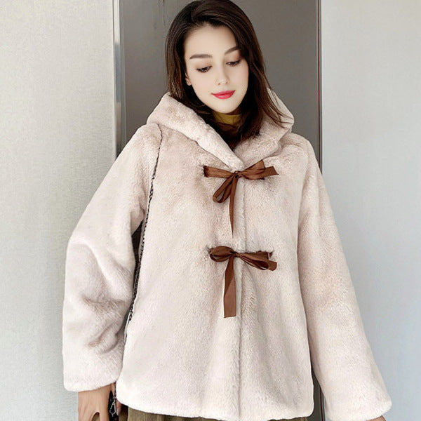Damen Kuschelige Kunstpelzjacke mit Kapuze und Schleifendetails EB