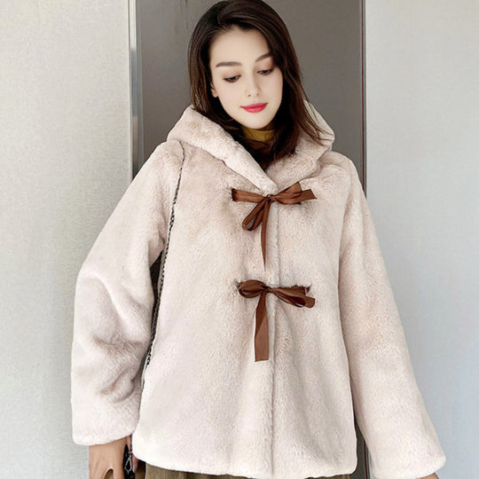 Damen Kuschelige Kunstpelzjacke mit Kapuze und Schleifendetails EB