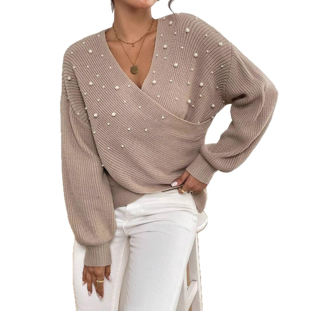 Damen offener Strickpullover mit Perlendetails EB