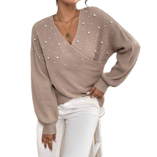 Damen offener Strickpullover mit Perlendetails EB