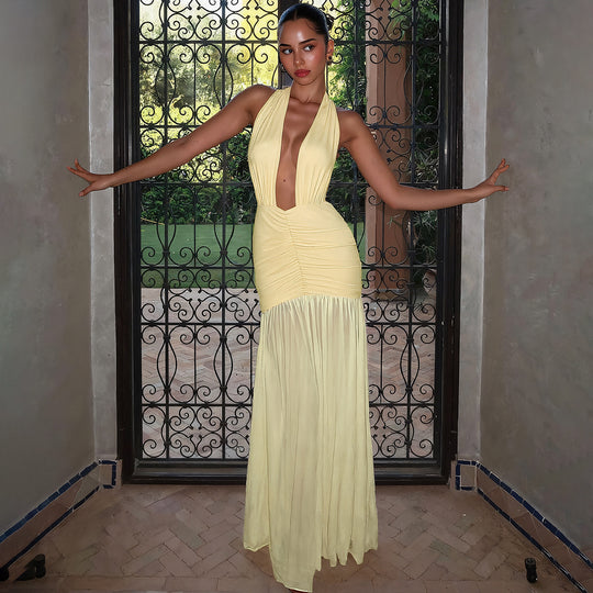 Damen Elegantes Maxikleid mit tiefem V-Ausschnitt und raffinierten Raffungselementen EB