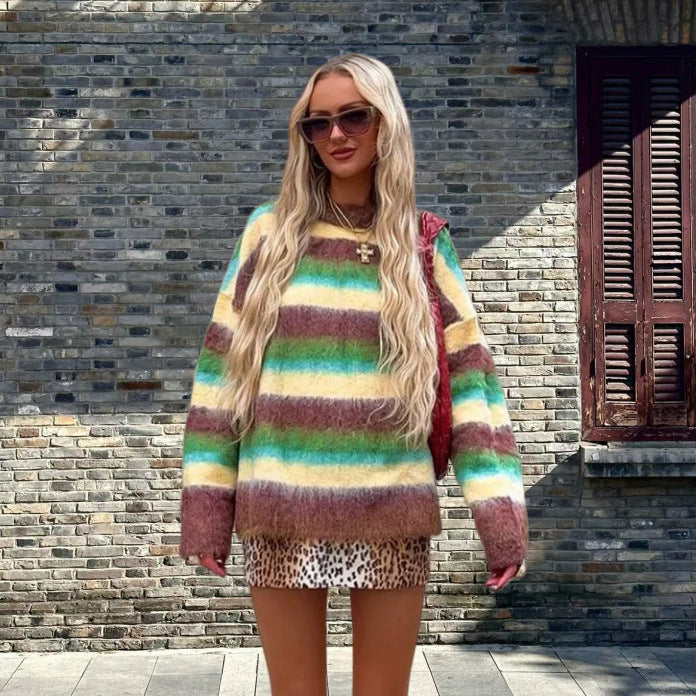 Damen Trendiger Pullover mit buntem Streifenmuster und lässigem Schnitt EB